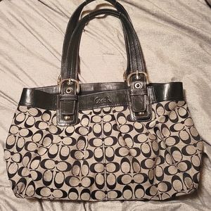 COACH F13743 Soho Pleated Tote Signature C Black/Beige Jacquard Leather Shoulder